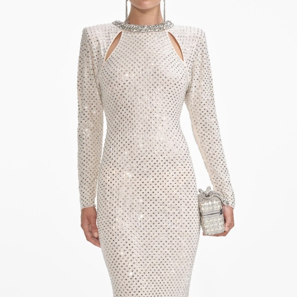 self portrait CREAM RHINESTONE DIAMANTE TRIM MAXI DRESS $870 NEW with tag - Picture 2 of 5